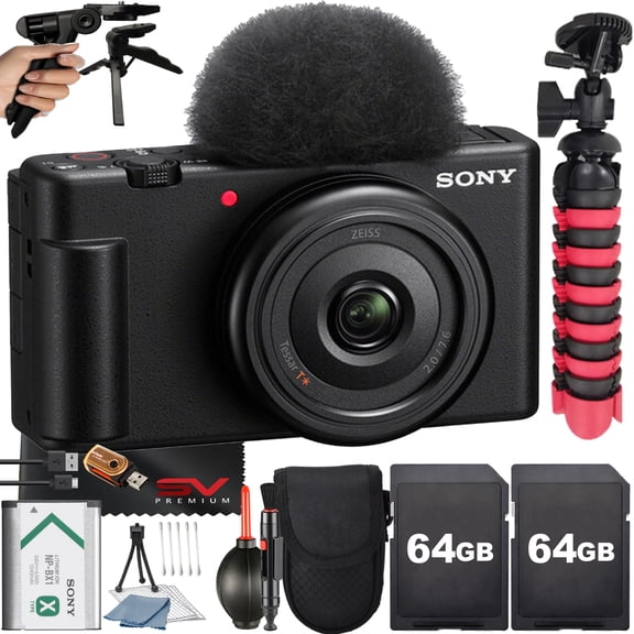 Sony ZV-1F Camera (Black) Vlogging with 2 Pack 64GB Memory Card + Case + Tripod + SV Premium Accessory Bundle (International Version)