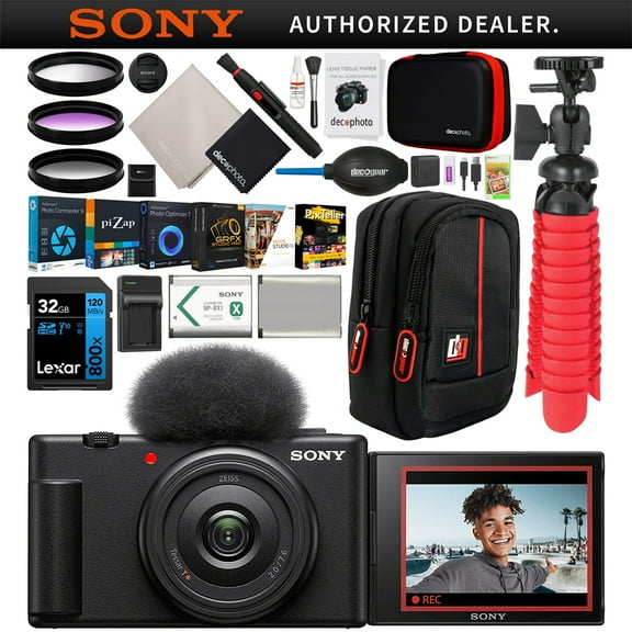 Sony ZV-1F Vlog Camera with 4K Video & 20.1MP for Content Creators and Vloggers Black ZV-1F/B Bundle with Deco Gear Case + Extra Battery + Filter Kit + Photo Video Software| Official Sony USA Dealer