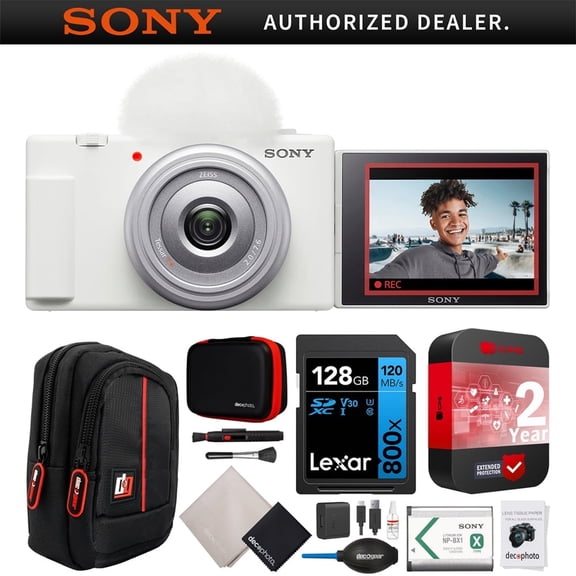 Sony ZV-1F Vlog Camera with 4K Video & 20.1MP for Content Creators and Vloggers White ZV-1F/W Bundle with CPS 2 YR Extended Protection Pack + Deco Gear Case + 128GB Card| Official Sony USA Dealer