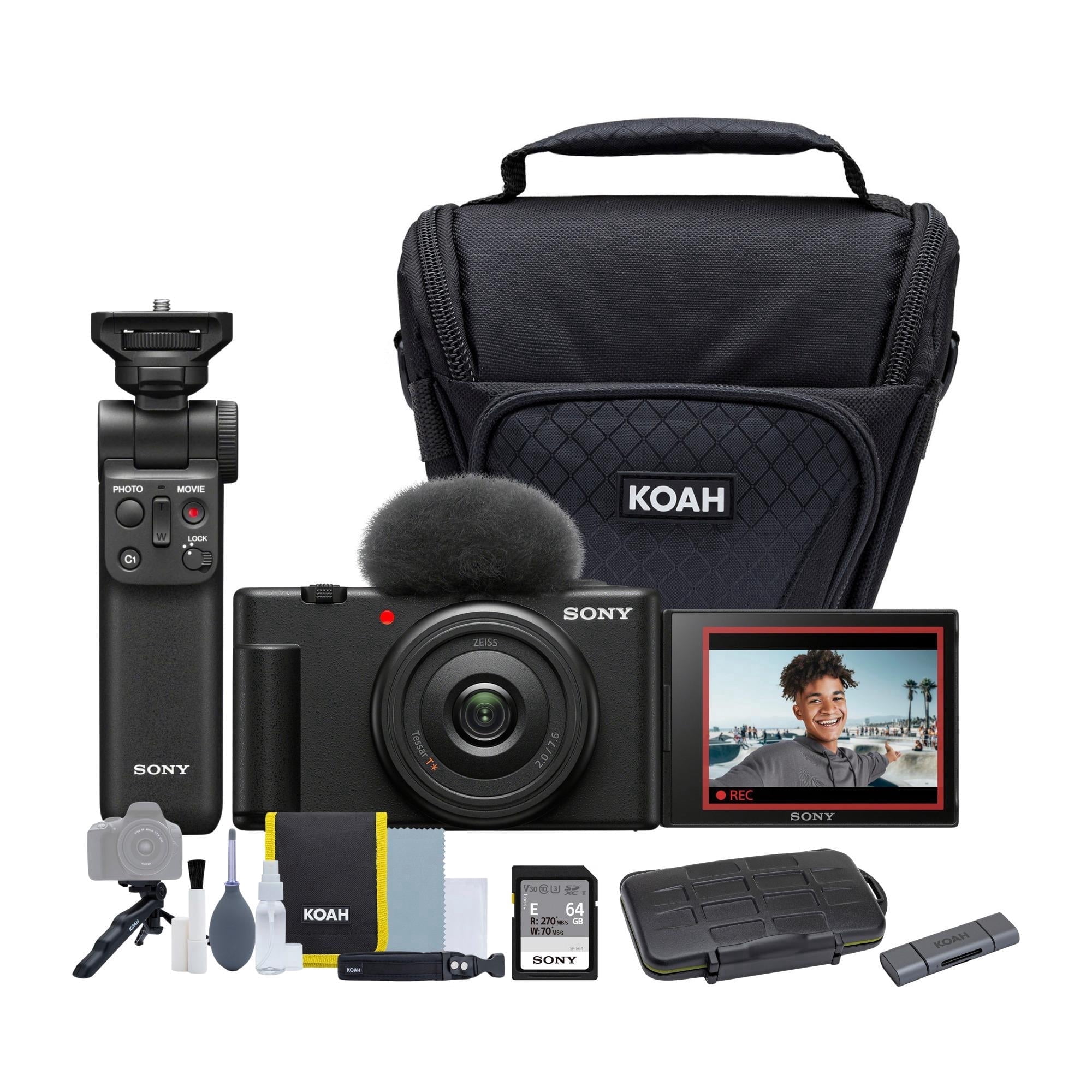 Sony ZV-1F Vlog Camera for Content Creators and Vloggers (Black) Bundle with ACCVC1 Vlogger Accessory Kit, Holster Camera Case, and Aluminum Shell OTG Dual Slot SD Card Reader (4 Items)