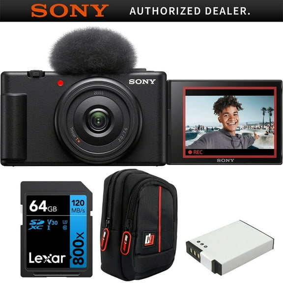 Sony ZV-1F Vlog Camera for Content Creators and Vloggers Bundle w/ Lexar 64GB High-Performance 800x UHS-I SDHC Memory Card + 1400 mAh Battery |Official Sony Partner|