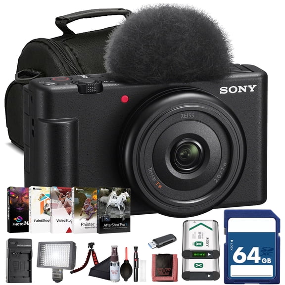 Sony ZV-1F Vlogging Camera, Black, 20.1MP, 20mm Lens, 4K Video, 64GB Card, Case, Battery and Card Reader