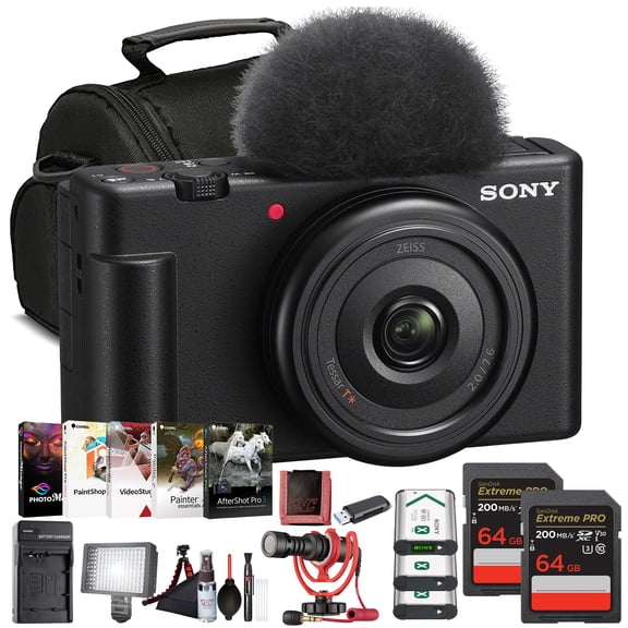 Sony ZV-1F Vlogging Camera (Black) 20.1 MP 1 Sensor | Ultrawide 20mm Lens |4K Video | with 2 x 64GB Card, 2 x NP-BX1 Battery, Card Reader, Photo Software, HDMI Cable, LED Light, Compact Mic and More