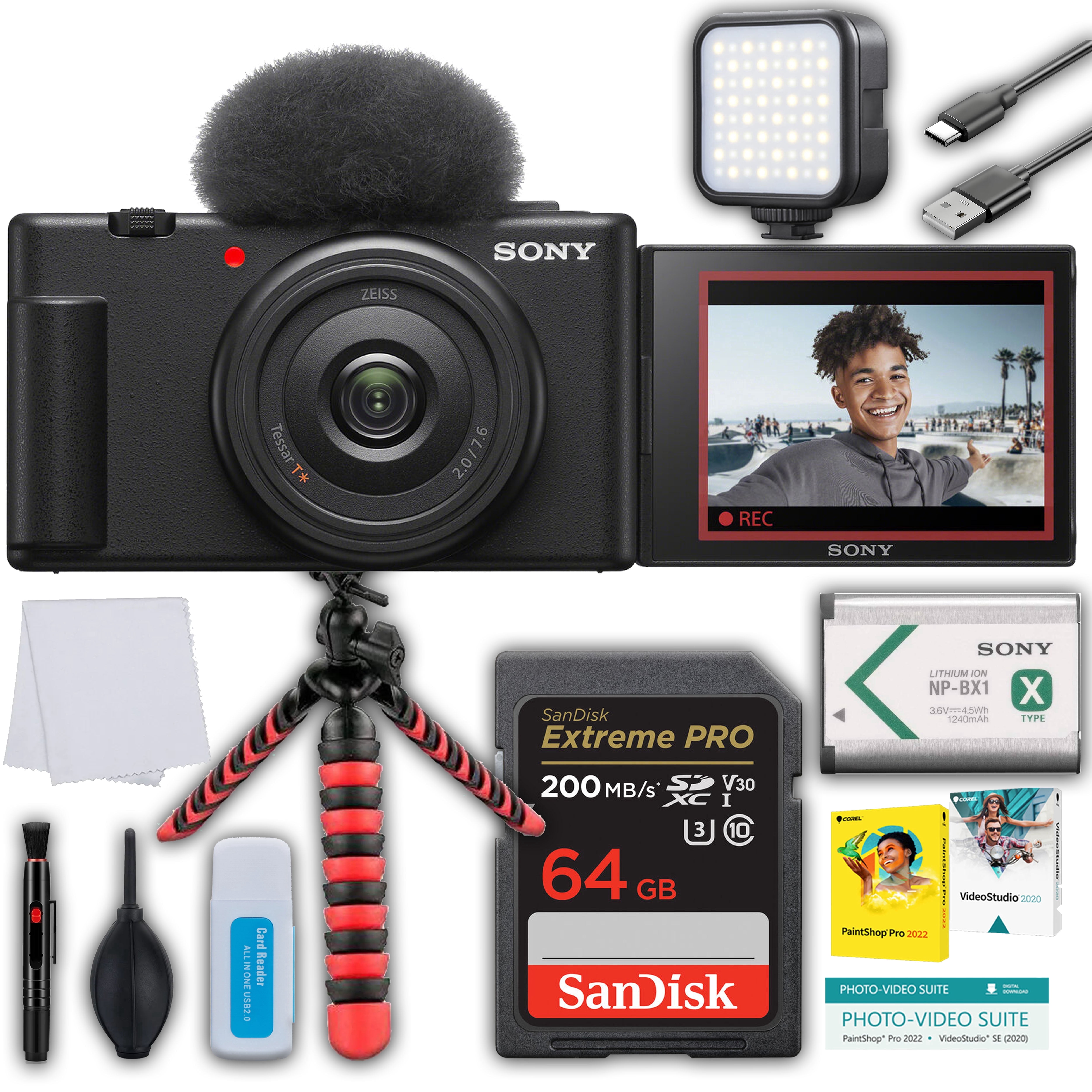 Sony ZV-1F Vlogging Camera Black + 64GB Memory + LED Light +