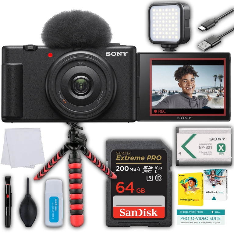 Sony ZV-1F Vlogging Camera Black + 64GB Memory + LED Light +