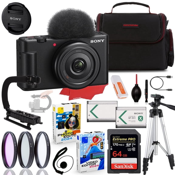 Sony ZV-1F Vlogging Camera (Black) Bundle + Accessory Kit w/ 64GB Extreme Memory, Stabilization Grip, Tripod, Case, Filter Kit & Software (22 Items) (International Version)
