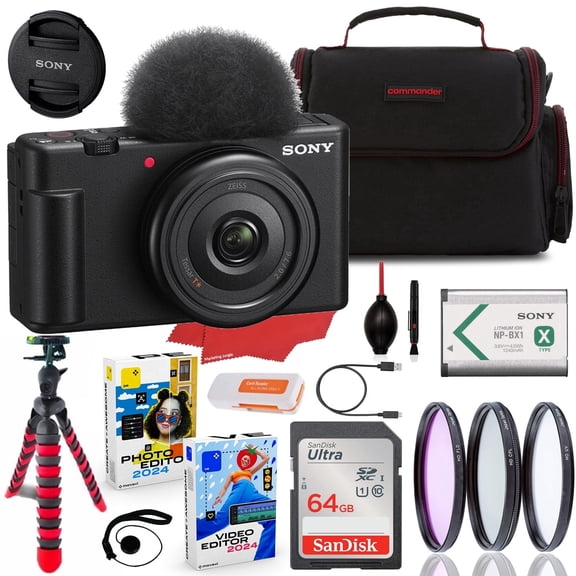 Sony ZV-1F Vlogging Camera (Black) Bundle + Accessory Kit w/ 64GB Ultra Memory, Spider Tripod, Case, Filter Kit & Software (20 Items) (International Version)