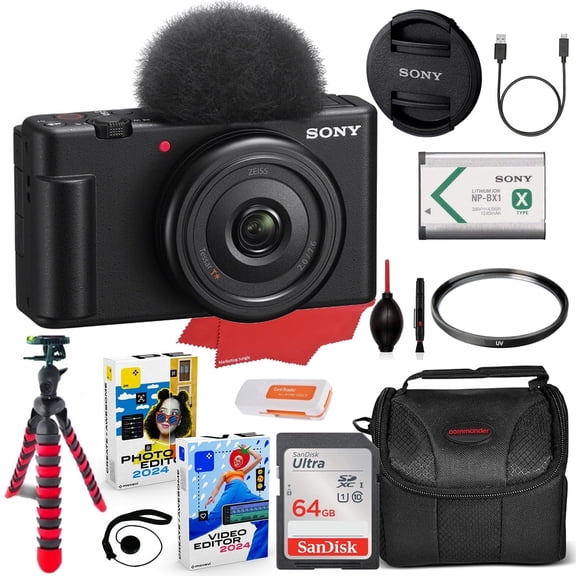 Sony ZV-1F Vlogging Camera (Black) Bundle w/ 64GB Memory, Spider Tripod, Case, UV Filter & Software (17-Item Kit) (International Version)
