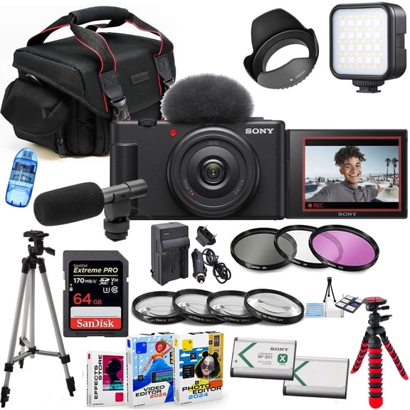 Sony ZV-1F Vlogging Camera (Black) Bundle + Accessory Package including 64GB Extreme Memory, Case, Filters, Macros, LED Light, Photo-Video Software & More (International Version)