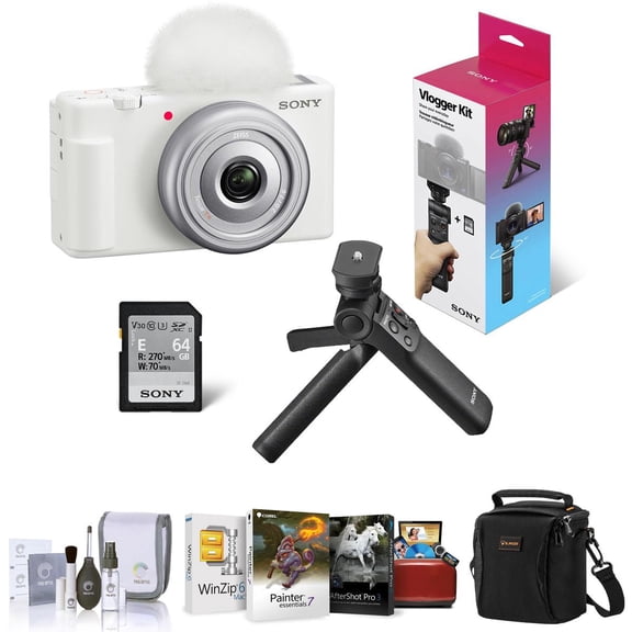 Sony ZV-1F Vlogging Camera, White, Bundle with GP-VPT3 Shooting Grip, Corel Mac Software Kit, Shoulder Bag, Cleaning Kit
