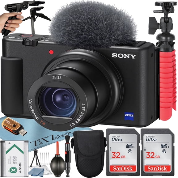 Sony ZV-1F Vlogging Camera (Black) with 2 Pack SanDisk 32GB Memory Card + Tripod + Case + ZeeTech Accessory Bundle (International Version)
