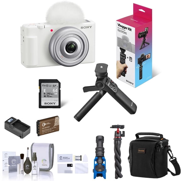 Sony ZV-1F Vlogging Camera, White, Bundle with GP-VPT3 Shooting Grip, Shotgun Mic, Tripod, Shoulder Bag, Battery, Charger, Screen Protector, Cleaning Kit