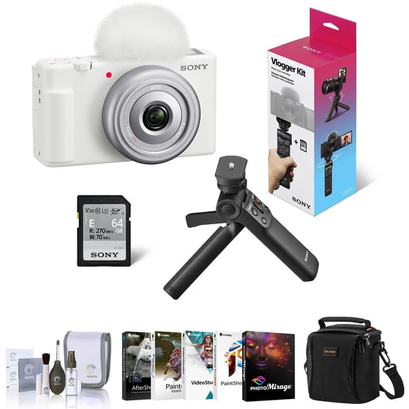 Sony ZV-1F Vlogging Camera, White, Bundle with GP-VPT3 Shooting Grip, Corel PC Software Kit, Shoulder Bag, Cleaning Kit