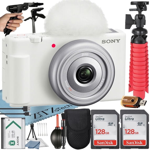 Sony ZV-1F Vlogging Camera (White) with 2 Pack 128GB Memory Card + Tripod + Case + ZeeTech Accessory Bundle (International Version)