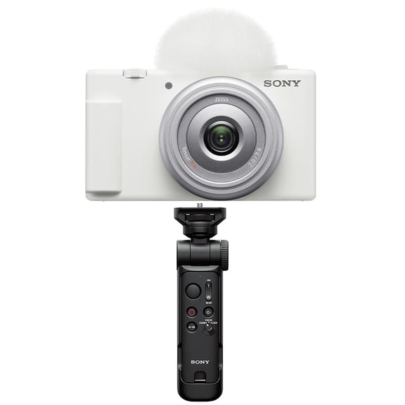 Sony ZV-1F Vlogging Camera, White, Bundle with GP-VPT3 Wireless Shooting Grip and Tripod with Detachable Remote