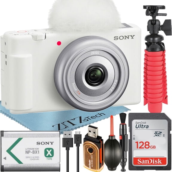 Sony ZV-1F Vlogging Camera (White) with SanDisk 128GB Memory Card + ZeeTech Accessory Bundle (International Version)