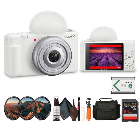 Sony ZV1F/W Vlog Camera in White | 20.1 MP 1Inch Exmor RS Sensor Compact Creator Camera (White) (ZV1F/W) + Filter Kit + 64GB Card + Card Reader + Bag + Flex Tripod + Cleaning Kit