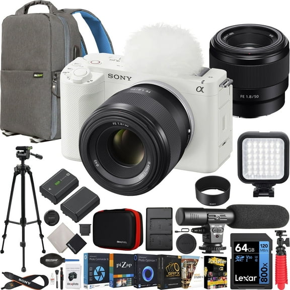 Sony ZV-E1 Full Frame Mirrorless Vlog Camera Body + FE 50mm F1.8 Full Frame E-Mount Lens ILCZV-E1/W White + SEL50F18F Bundle with Deco Gear Backpack + Tripod + 2 Battery, LED and Kit Accessories