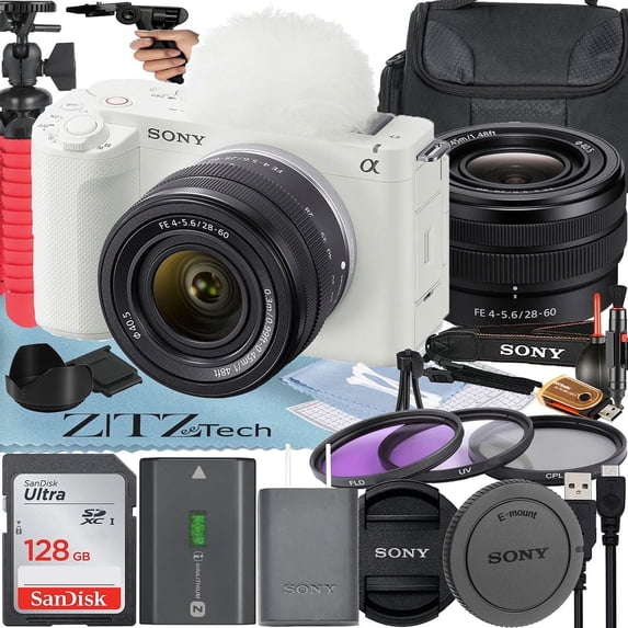 Sony ZV-E1 Mirrorless Camera (White) with FE 28-60mm Lens + SanDisk 128GB Card + Case + 3 Pieces Filter + ZeeTech Accessory Bundle International Version
