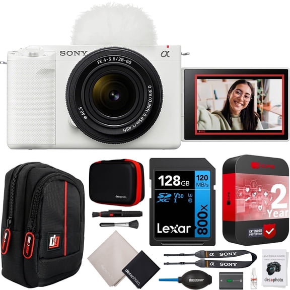 Sony ZV-E1 Mirrorless Full Frame Vlog Camera Body with FE 28-60mm F4-5.6 Zoom Lens ILCZV-E1L/W White Bundle with CPS 2 YR Extended Protection Pack + Deco Gear Case + 128GB Card & Accessories Kit