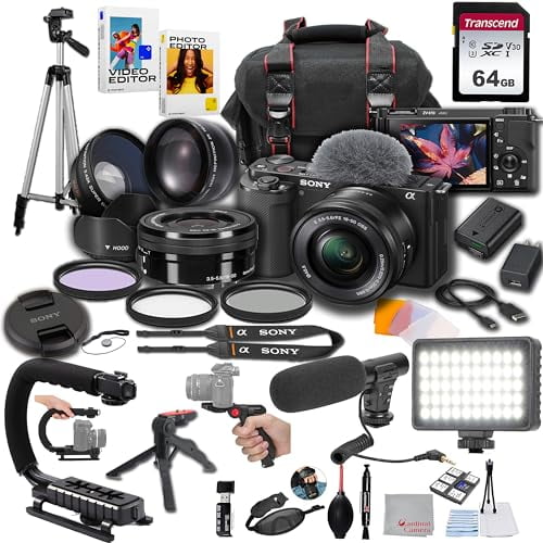 Sony ZV-E10 + 16-50mm Lens, LED Light, Microphone, 64GB, U-Grip, Filters, Tripod, Case, Software, & More ? Pro Video Bundle (38pc)