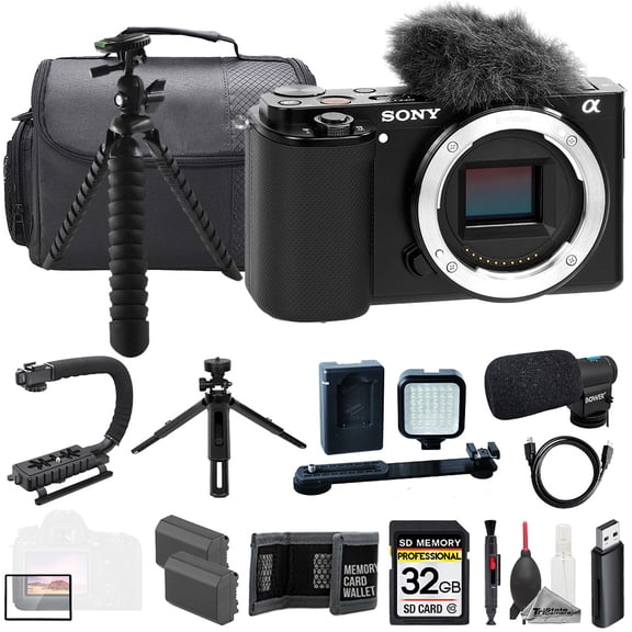 Sony ZV-E10 Black (Body) + Mic + 32GB + Extra Battery+ LED Flash- ULTIMATE Kit (International Version)