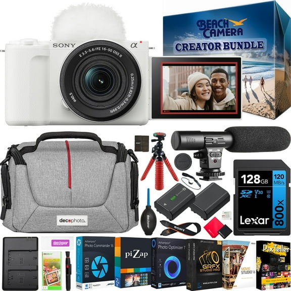 Sony ZV-E10 II Mirrorless Alpha APS-C Camera Body + 16-50mm F3.5-5.6 OSS II Zoom Lens White ZVE10M2KW Content Creators Bundle with Deco Gear Case + Microphone + Extra Battery + Tripod Accessories Kit