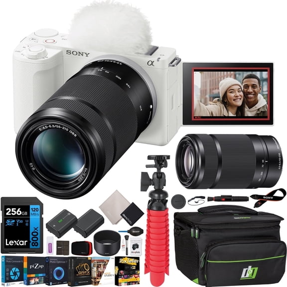 Sony ZV-E10 II Mirrorless Alpha APS-C Camera Body + 55-210mm Zoom Lens White ZVE10M2W Bundle with Deco Gear Case + Extra Battery + 256GB Card + Tripod, Software & Accessories Kit