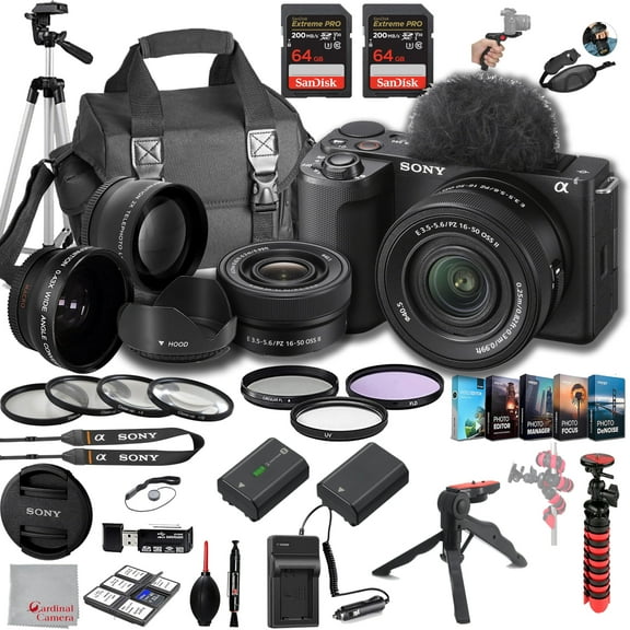 Sony ZV-E10 II Mirrorless Camera with 16-50mm Lens, 128GB Extreem Speed Memory,.43 Wide Angle & 2X Lenses, Case, Tripod, Filters, Grip,Spare Battery & Charger, Editing Software Kit -Deluxe Bundle