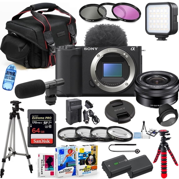 Sony ZV-E10 II Mirrorless Camera with 16-50mm Lens Bundle + Accessory Package including 64GB Extreme Memory, Case, Filters, Macros, LED Light, Photo-Video Software & More (International Version)