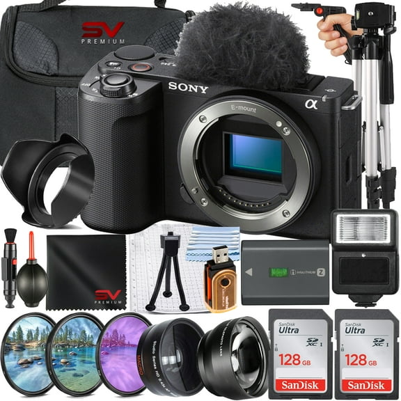 Sony ZV-E10 II Mirrorless Camera (Black) with 16-50mm Lens + 2 Pack SanDisk 128GB Memory Card + Case + Flash + SV Premium Accessory Bundle (International Model)