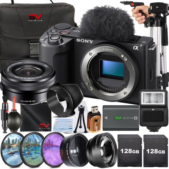 Sony ZV-E10 II Mirrorless Camera (Black) with 16-50mm Lens + 2 Pack 128GB Memory Card + Case + Flash + SV Premium Accessory Bundle (International Model)