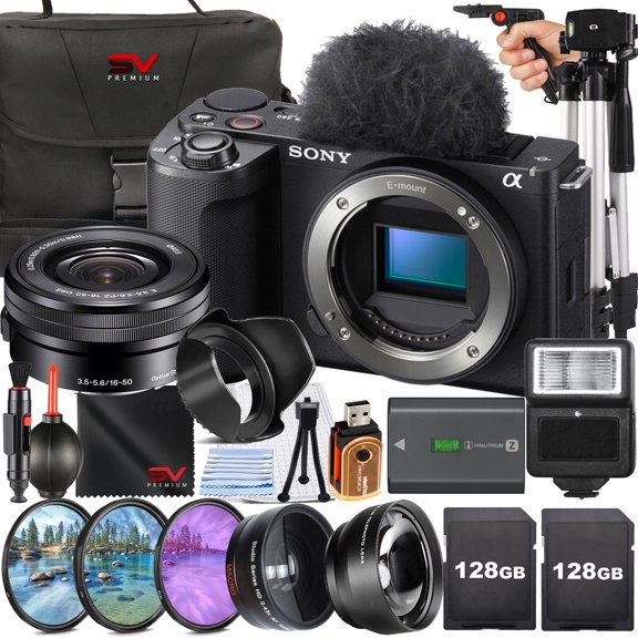 Sony ZV-E10 II Mirrorless Camera (Black) with 16-50mm Lens + 2 Pack 128GB Memory Card + Case + Flash + SV Premium Accessory Bundle (International Model)