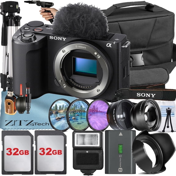 Sony ZV-E10 II Mirrorless Camera , Black (Body Only) with 2 Pack 32GB Memory Card + Flash + Tripod + ZeeTech Accessory Bundle (International Version)