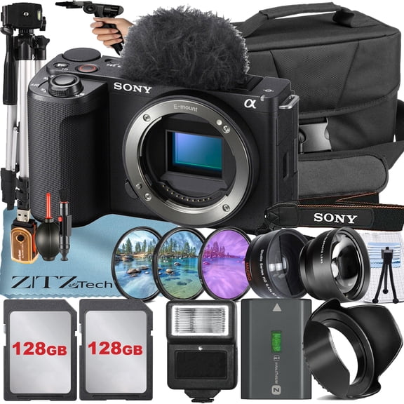 Sony ZV-E10 II Mirrorless Camera , Black (Body Only) with 2 Pack 128GB Memory Card + Flash + Tripod + ZeeTech Accessory Bundle (International Version)