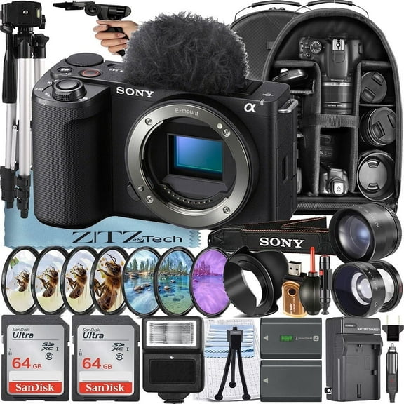 Sony ZV-E10 II Mirrorless Camera , Black (Body Only) with 2 Pack 64GB Memory Card + Backpack + Telephoto + ZeeTech Accessory Bundle (International Version)