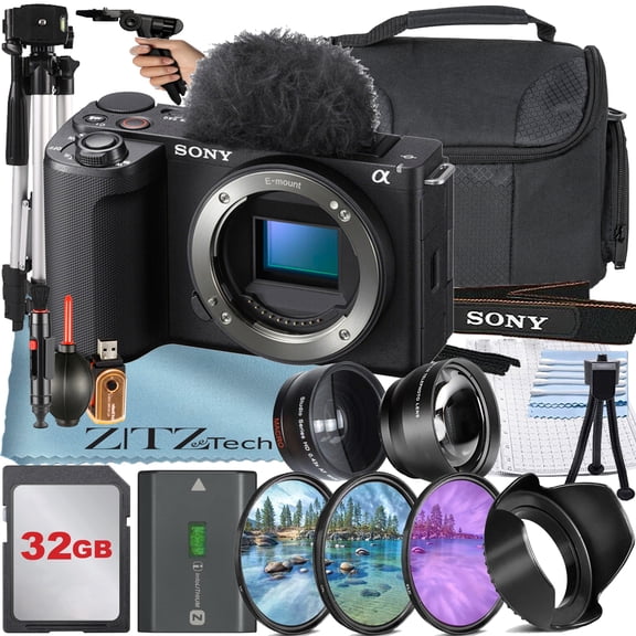 Sony ZV-E10 II Mirrorless Camera , Black (Body Only) with 32GB Card + Case + Wideangle + Telephoto + ZeeTech Accessory Bundle (International Version)