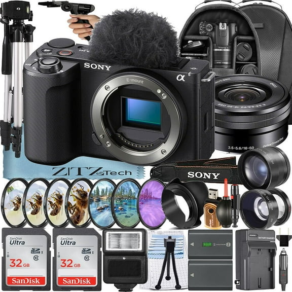 Sony ZV-E10 II Mirrorless Camera (Black) with 16-50mm Lens + 2 Pack 64GB Memory Card + Backpack + Telephoto + ZeeTech Accessory Bundle (International Version)