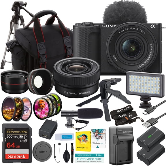 Sony ZV-E10 II Mirrorless Camera Sony E PZ 16-50mm OSS II Lens + 64GB Memory + LED Light + Extra Battery + Tripod + Travel Charger + Camera Case + Gripster Tripod + More (International Version)