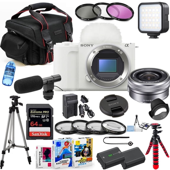 Sony ZV-E10 II Mirrorless Camera (White) with 16-50mm Lens Bundle + Accessory Package including 64GB Extreme Memory, Case, Filters, LED Light, Photo-Video Software & More (International Version)