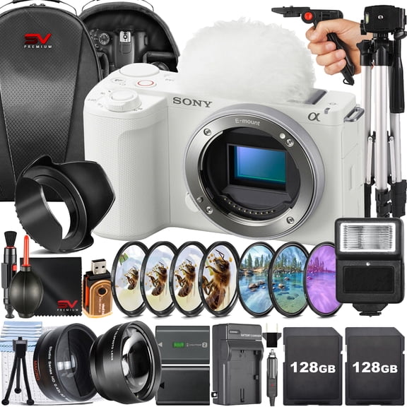 Sony ZV-E10 II Mirrorless Camera (White) (Body Only) + 2 Pack 128GB Memory Card + Backpack + Filter Kit + Full Size Tripod + SV Premium Accessory Bundle (International Model)