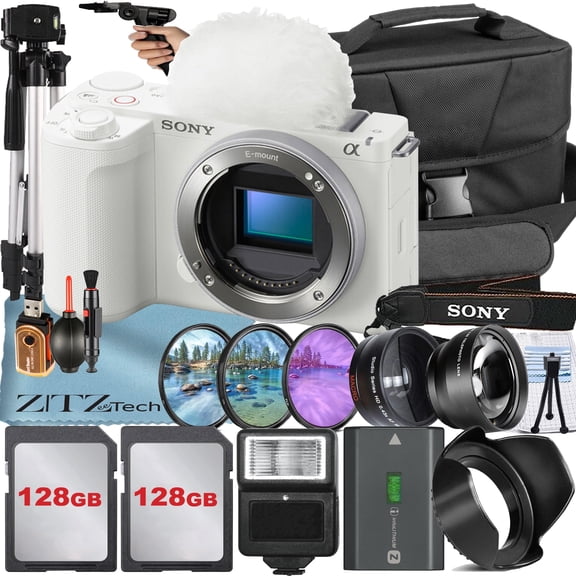 Sony ZV-E10 II Mirrorless Camera , White (Body Only) with 2 Pack 128GB Memory Card + Flash + Tripod + ZeeTech Accessory Bundle (International Version)