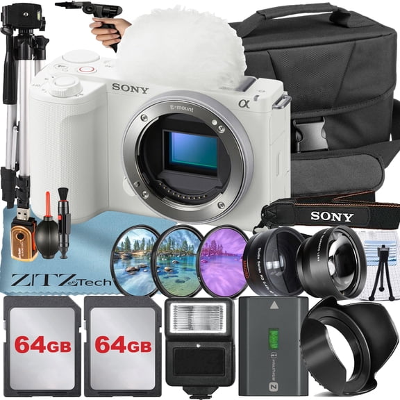Sony ZV-E10 II Mirrorless Camera , White (Body Only) with 2 Pack 64GB Memory Card + Flash + Tripod + ZeeTech Accessory Bundle (International Version)