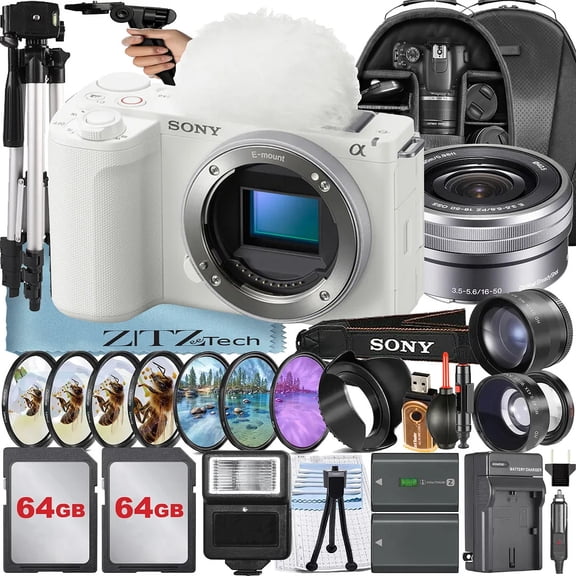 Sony ZV-E10 II Mirrorless Camera (White) with 16-50mm Lens + 2 Pack 64GB Memory Card + Backpack + Telephoto + ZeeTech Accessory Bundle (International Version)