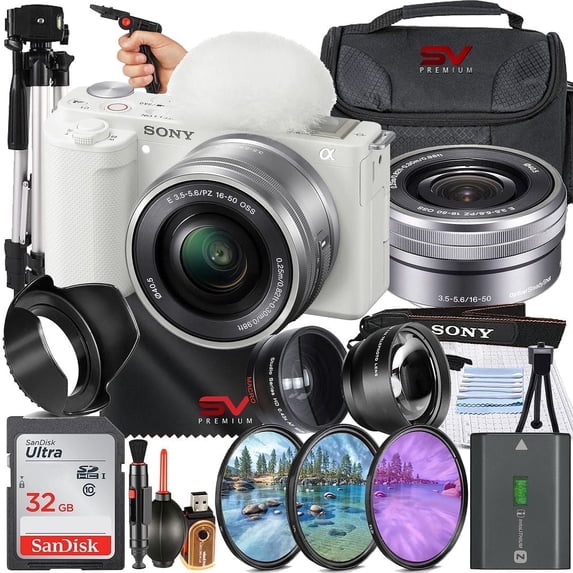 Sony ZV-E10 II Mirrorless Camera (White) with 16-50mm Lens + SanDisk 32GB Memory Card + Case + Filter Kit + SV Premium Accessory Bundle