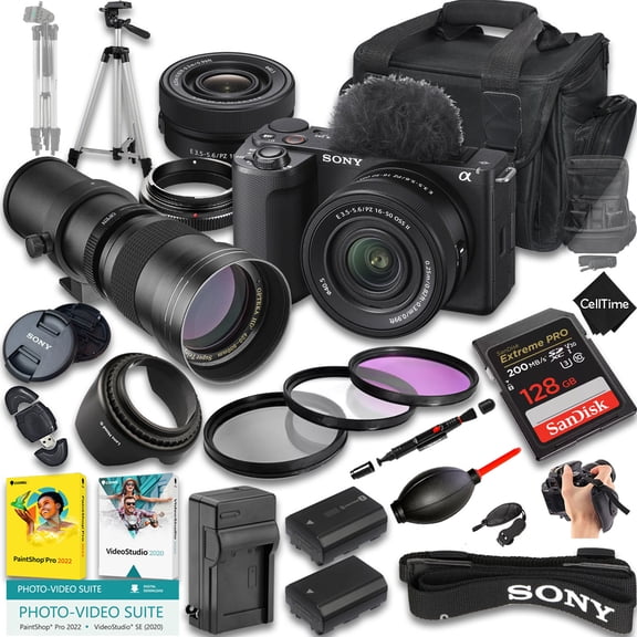 Sony ZV-E10 II Mirrorless Camera w/ E PZ 16-50mm OSS & 420-800mm f/8 Manual Telephoto Lens, 128GB Memory, Extra Battery, Case & More (21pc Bundle) (International Version)