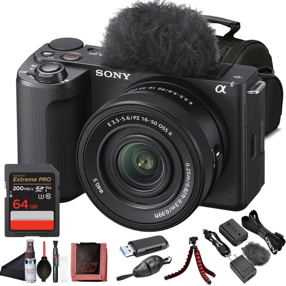 Sony ZV-E10 II Mirrorless Vlogging Camera Kit with 16–50 mm OSS Lens – 26 MP APS-C Sensor | 64GB Memory Card , Bag , Card Reader , HDMI Cable , Flex Tripod , Hand Strap and More