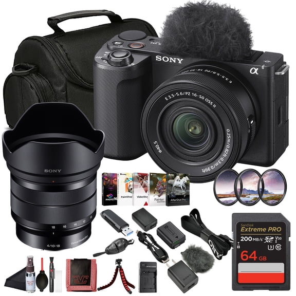 Sony ZV-E10 II Mirrorless Vlogging Camera Kit with 1650 mm OSS Lens 26 MP APS-C Sensor | Sony E 10-18mm Lens, 64GB Card, Filter Kit, Photo Software, Bag, NP-FZ100 Battery and More