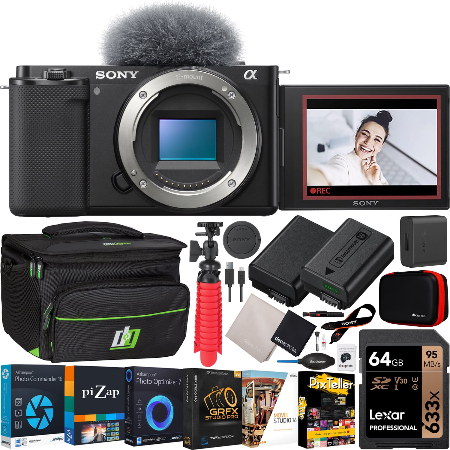 Sony ZV-E10 Mirrorless Alpha APS-C Interchangeable Lens Vlog Camera (Body,  Black) ILCZV-E10/B Bundle with Deco Gear Photography Case + Extra Battery + 