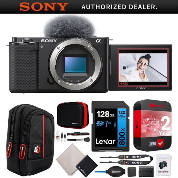 Sony ZV-E10 Mirrorless Alpha APS-C Interchangeable Lens Vlog Camera Body ILCZV-E10/B Black Bundle w/ CPS 2 YR Protection Pack+Deco Gear Case+128GB Memory Card Kit| Official Sony USA Dealer